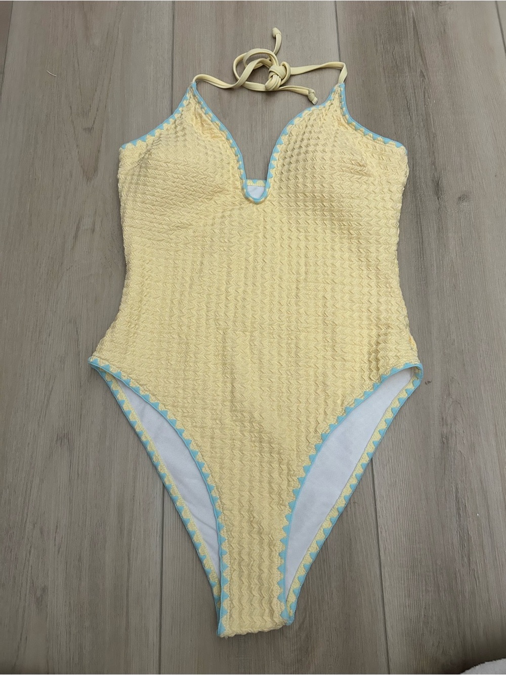 Yellow Textured One-Piece Swimsuit with Blue Trim